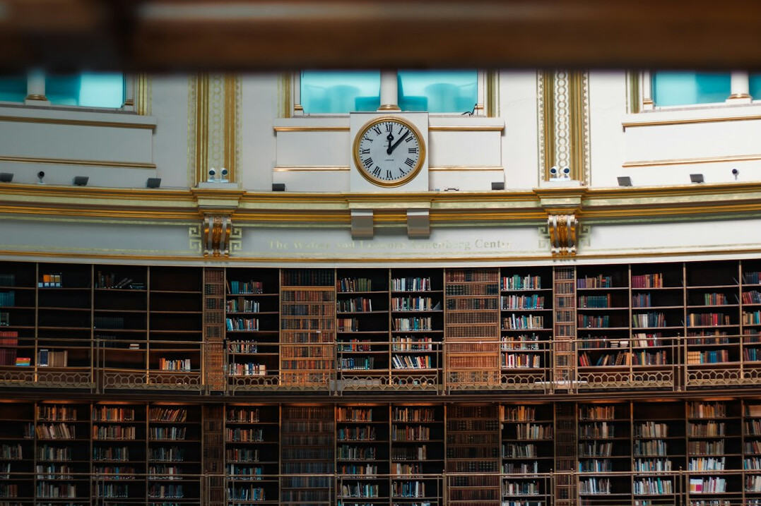 Atmospheric old library with wooden shelves full of books